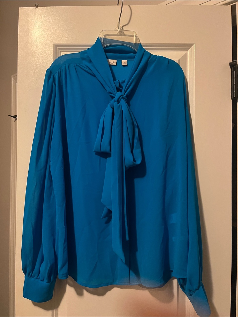 New York & Company Teal Tie-Neck Long Sleeve Blouse